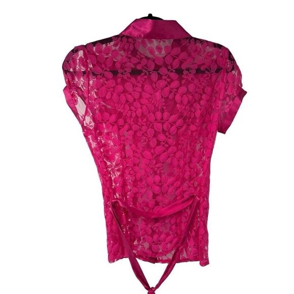 NY Collection Hot Pink Lace Ribbon Detail Short Sleeve Button Up Top Sz M Women - Picture 3 of 6